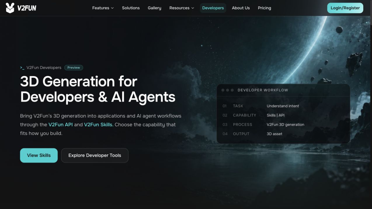 V2Fun Developers — 3D generation for developers and AI agents