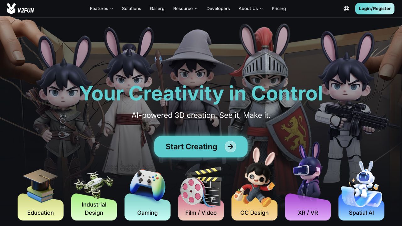 V2Fun website — AI-powered 3D creation